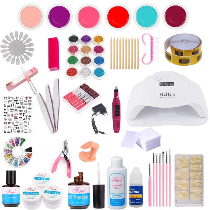 Kit complet pentru unghii false, cu lampa led SUN 54W si freza electrica