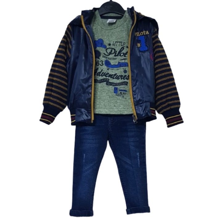 Compleu 3 piese "Micul pilot", geaca vatuita cu gluga, bluza vernil, blugi albastri