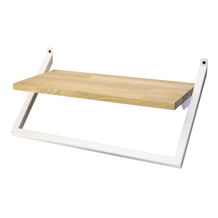 Raft metalic simplu cu polita din lemn masiv, 50x20x24 cm, Alb/Stejar Natur