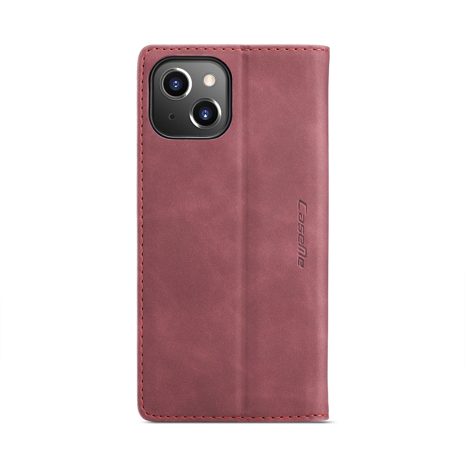 Husa pentru iPhone 14, CaseMe, slim piele, tip portofel, stand, inchidere magnetica, textura catifelata, Visiniu
