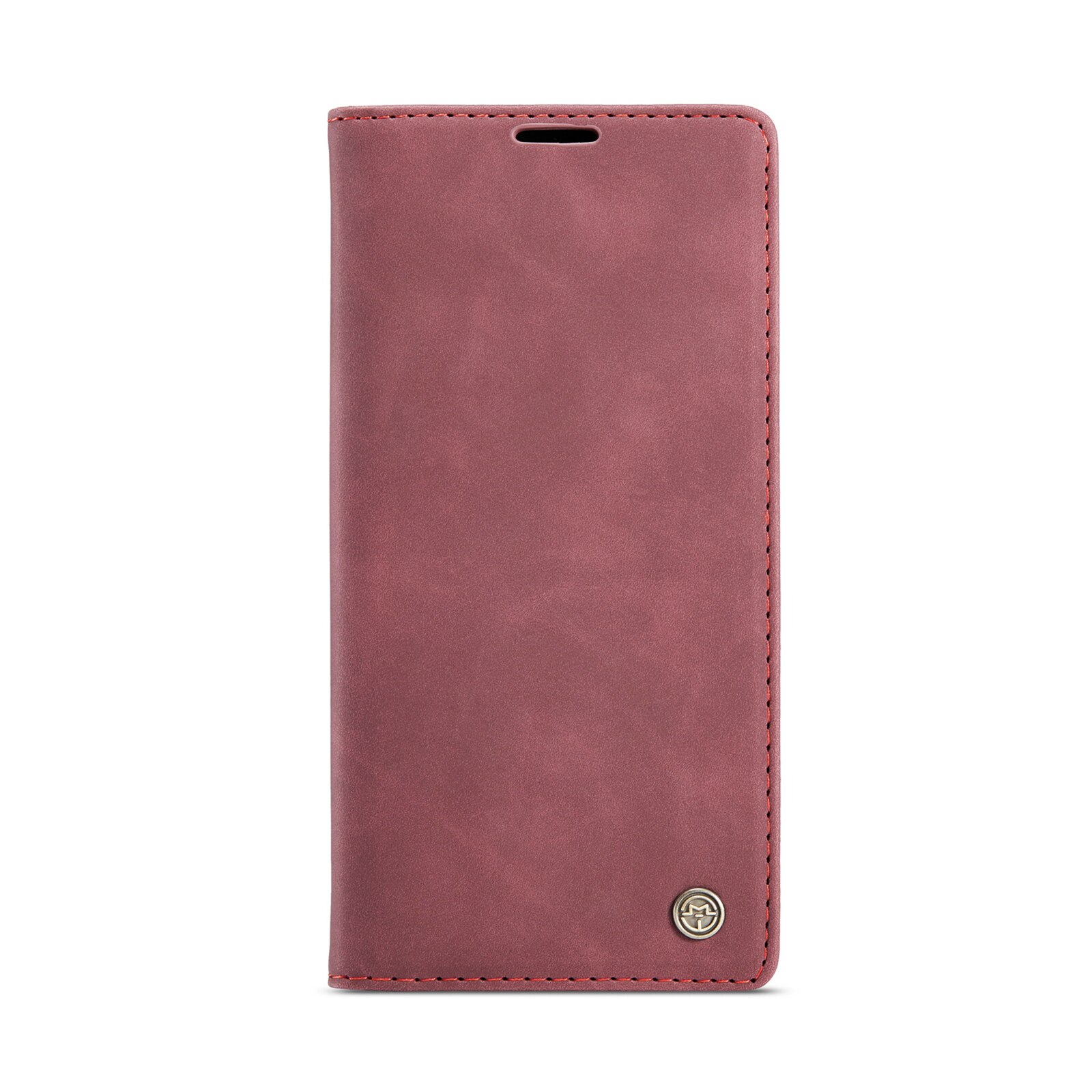 Husa pentru iPhone 14, CaseMe, slim piele, tip portofel, stand, inchidere magnetica, textura catifelata, Visiniu