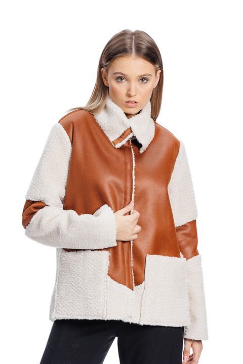 Palton cojoc, RVL Fashion, scurt, cu buzunare aplicate, maro deschis, D3429