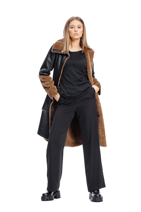 Palton cojoc, RVL Fashion, lunga, cu buzunare aplicate, negru, D3428