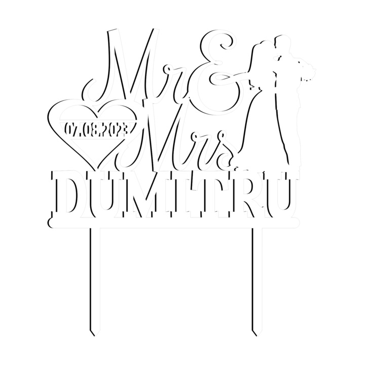 Topper tort Mr&Mrs personalizat cu nume si data nuntii, Inedit Print, TC39, Alb, 20 cm
