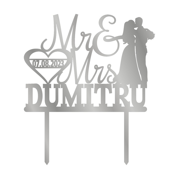 Topper tort Mr&Mrs personalizat cu nume si data nuntii, Inedit Print, TC39, Oglinda Argintie, 20 cm