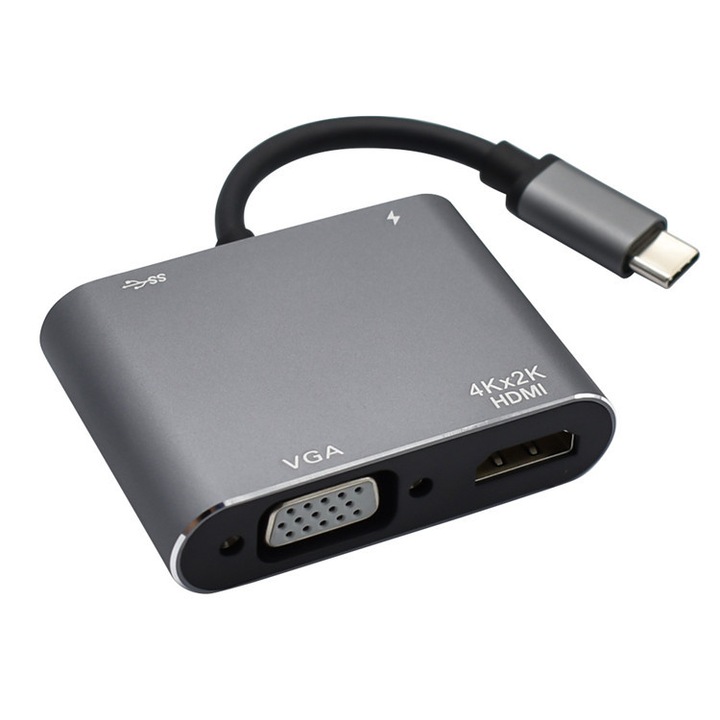 Хъб адаптер 4 в 1 USB C- 1xHDMI 4K, 1xVGA, 1xUSB 3.0, 1xUSB C (PD), 4 в 1 USB-C хъб адаптер порт PD, съвместим с Macbook