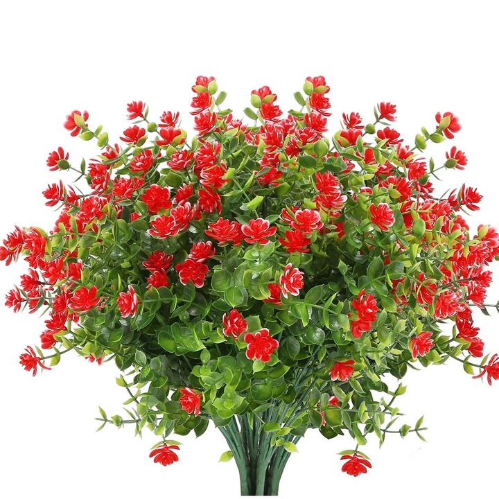 Buchet cu 8 Fire De Flori Artificiale Rosii, Rezistente La UV, Inaltime 35 cm