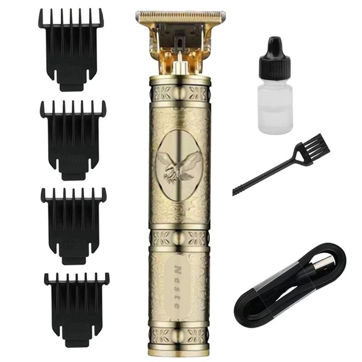 Masina de tuns Neste® cu lama T din otel carbon, barbierit uscat, conturare, detaliere, incarcare USB-C - Vultur