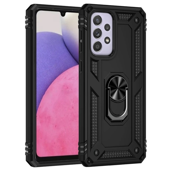 Husa antisoc Hybrid armor cu inel si placuta metalica, compatibila cu Samsung Galaxy A23 5G / Negru