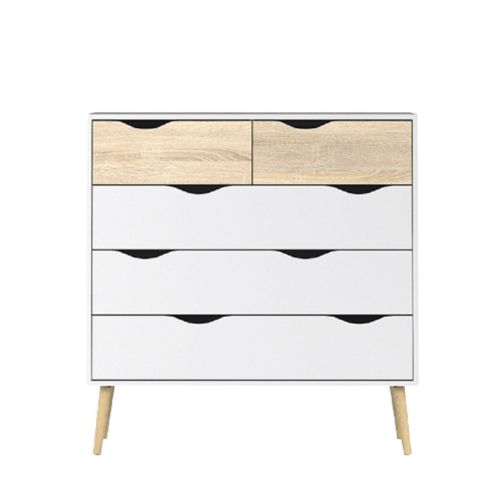 Comoda DacEnergy©, realizata din PAL laminat, multiple compartimente, nuante de stejar sonoma si alb, picioare inalte, 98,7 x 39,1 x 100,9 cm