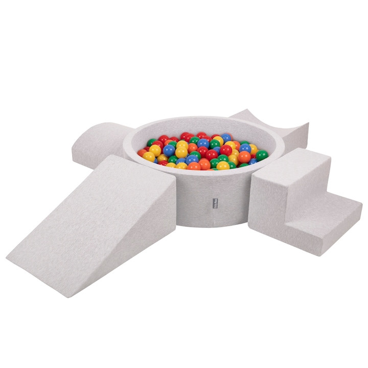 Loc de joaca cu 300 de bile, KiddyMoon, Spuma/Plastic, 90 x 90 x 30 cm, Gri/Multicolor