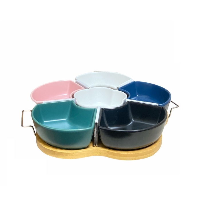 Set aperitive, ceramica, 6 boluri, 1 platou de lemn, multicolor, 35x5 cm