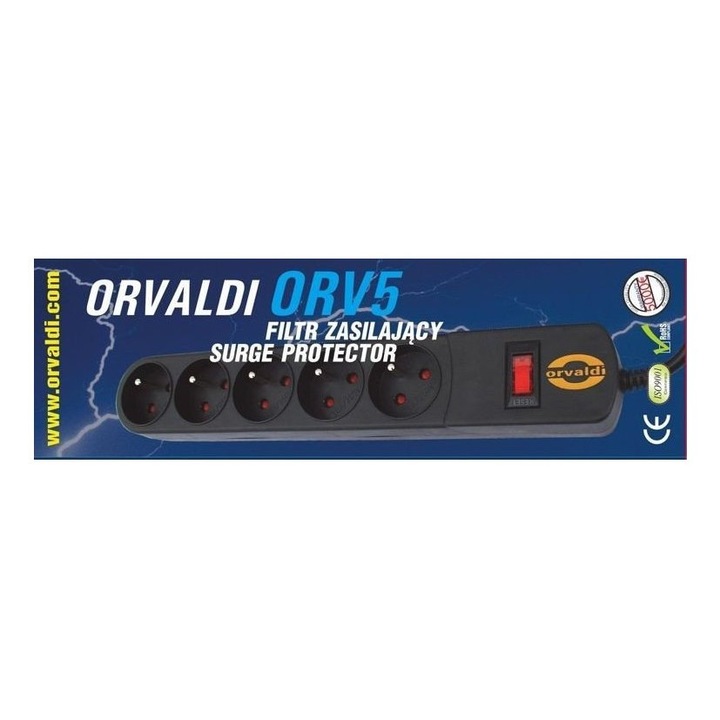 Prelungitor Orvaldi ORV5 5m, protectie la supratensiune 210J, 5 prize, solutie fiabila pentru alimentarea si protectia echipamentelor electronice si de retea in locuinte si birouri