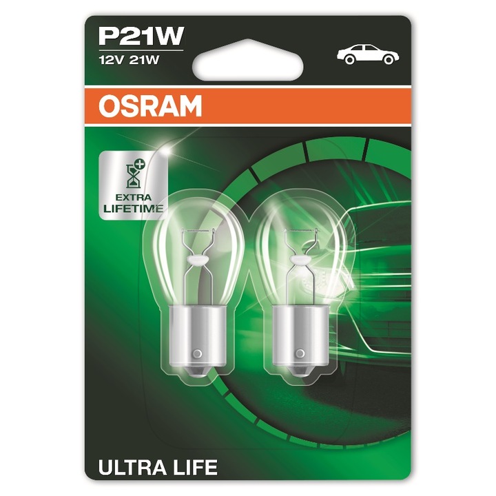 Комплект 2 броя халогенни крушки Osram P21W UltraLife 12V, 21W, BA15S