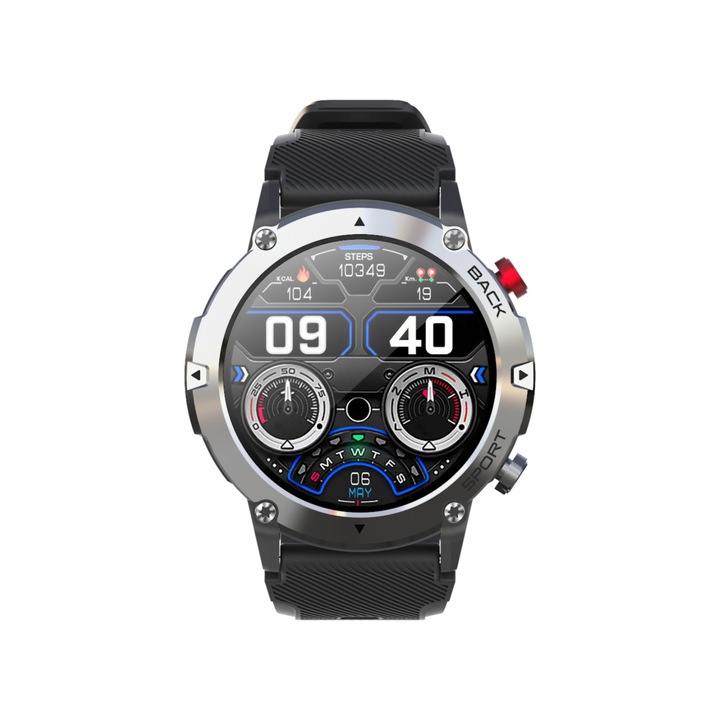 Ceas smartwatch SC21, monitorizare puls, pedometru, 20 de moduri pentru sport, ecran de 1.32 inch cu rezolutie de 360x360, Bluetooth 5.0, 300mAh, IP68 waterproof, Argintiu