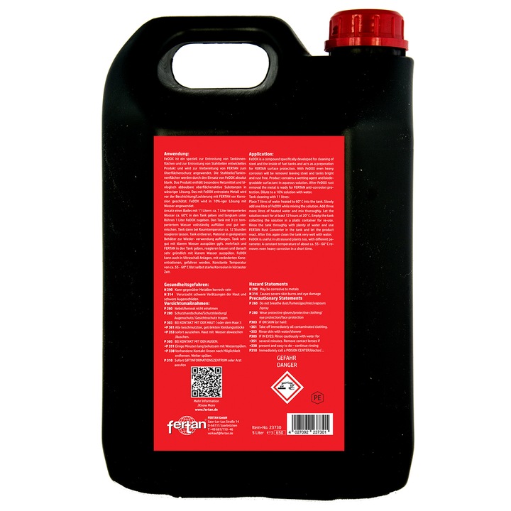 Solutie concentrata 1:10 Fedox Fertan, baie de indepartat rugina prin imersie de pe piesele metalice sau din interiorul rezervoarelor, 5 litrii