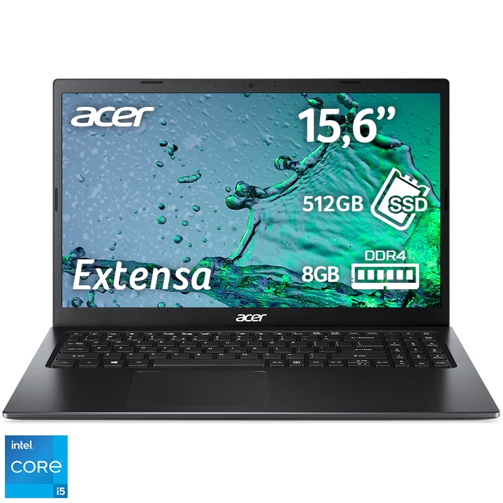 Acer Extensa 15 EX215-54 Laptop, Intel Core i5-1135G7 processzor, 15,6", Full HD, 8GB DDR4, 512GB SSD, Intel Iris Xe Graphics, operációs rendszer nélkül, nemzetközi angol billentyűzet, fekete