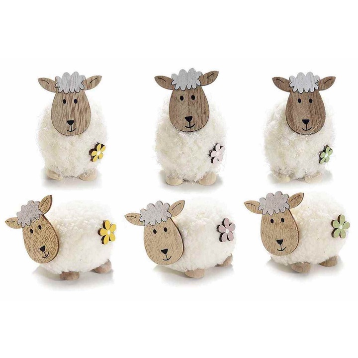 Set 6 Oite din lemn natur si textil alb 5x8 cm