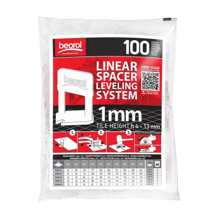 Distantiere pentru nivelare si aliniere a placilor ceramice, 100 buc, 1 mm, Beorol