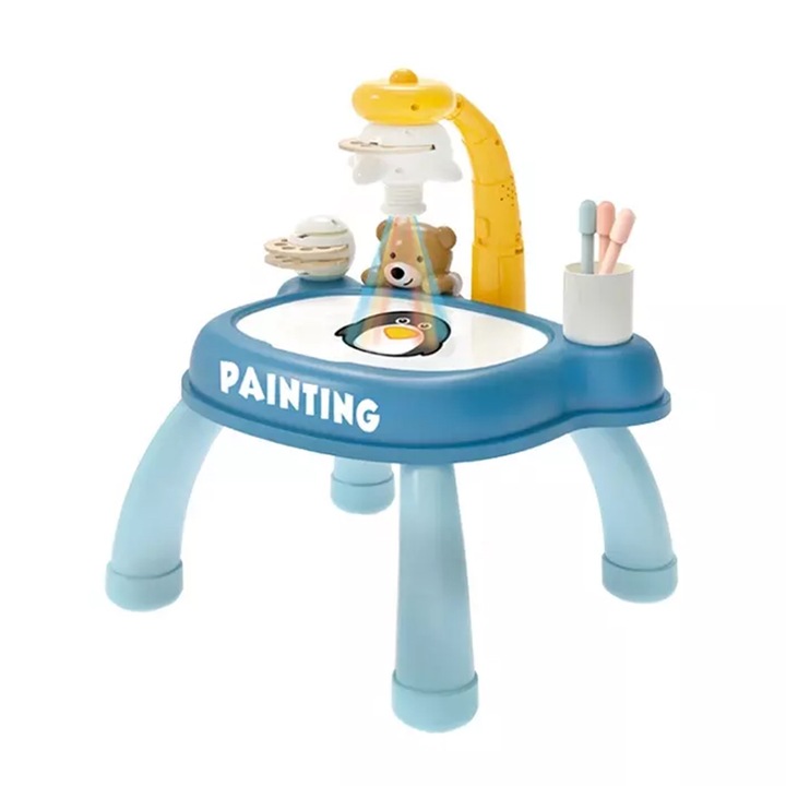 Set masuta de desen cu proiector holograma, 3 diapozitive cu 24 animatii si muzica, 12 carioci, albastru, 35.5 x 35 x 38 cm