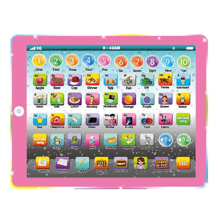Sundiguer Interaktív tanuló tablet, gyerekeknek, angol nyelvű, rózsaszín