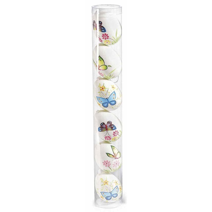 Комплект от 6 бели висящи декоративни пластмасови яйца с пеперуди 4х6 см