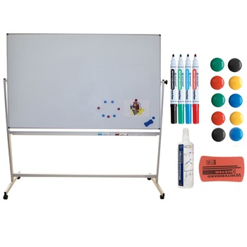 Pachet whiteboard rotativ mobil, 120x180 cm si accesorii: markere, burete, magneti, spray curatare Pachet whiteboard rotativ mobil, 120x180 cm si accesorii: markere, burete, magneti, spray curatare