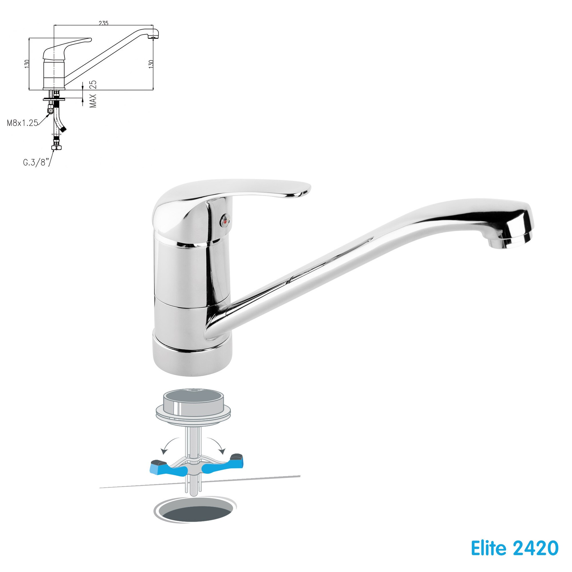 Baterie Sanitara WOGRO - Elite 2420, monocomanda, finisaj cromat, cu sistem de prindere prin partea superioara