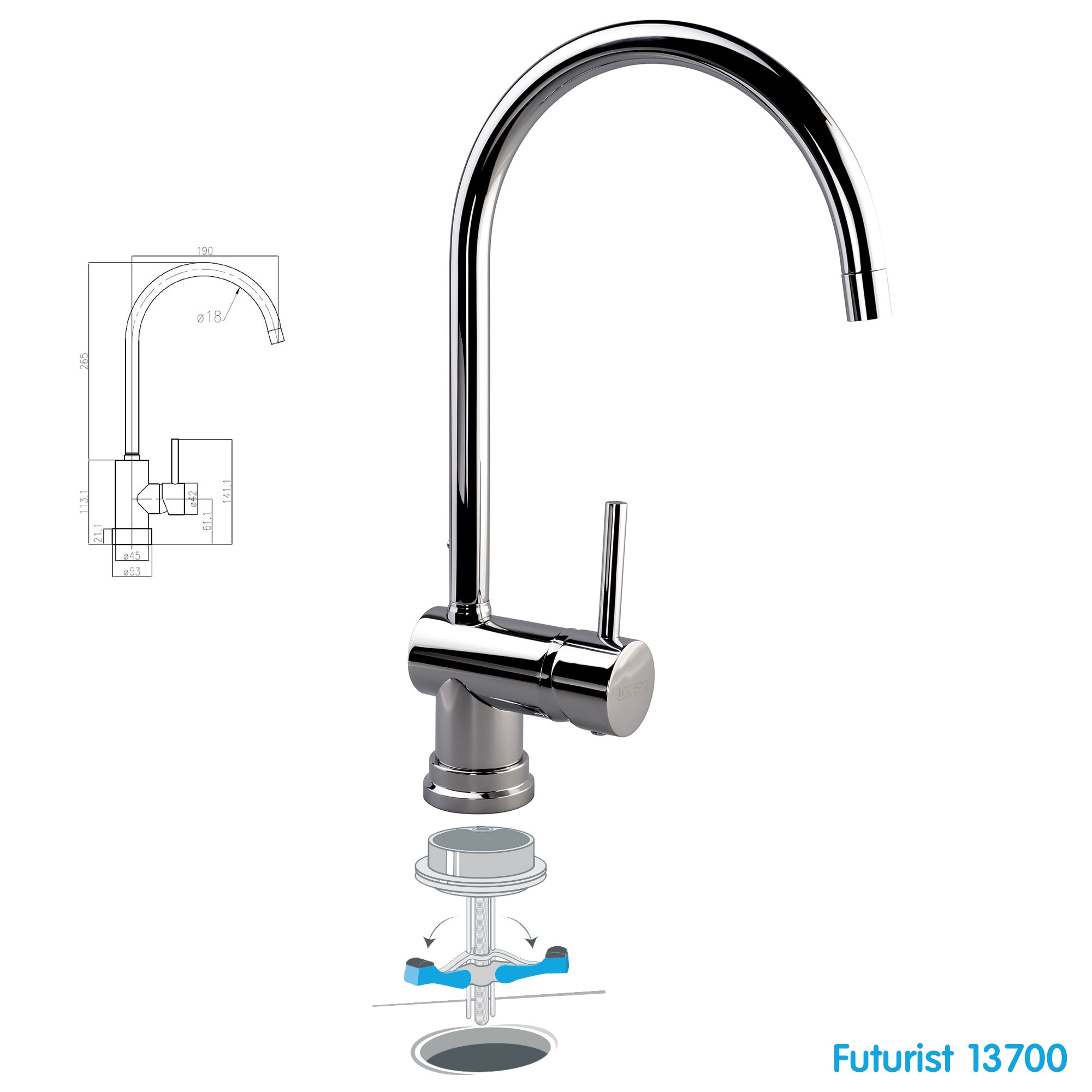 Baterie Sanitara Bucatarie WOGRO - Futurist 13700, cu sistem de prindere prin partea superioara