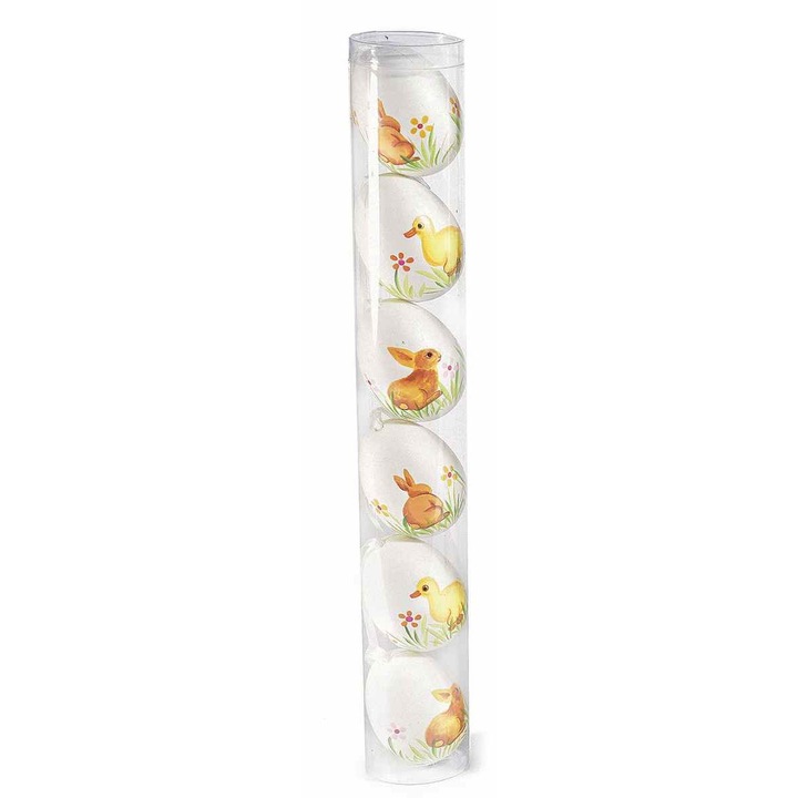 Set 6 oua decorative plastic suspendabile alb ratusca iepuras 4x6 cm
