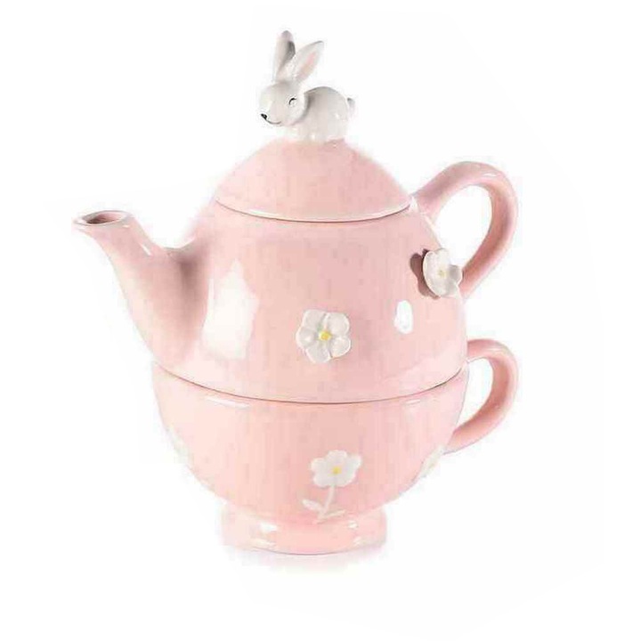 Комплект чайник с розова керамична чаша модел Заек 19х12х19см