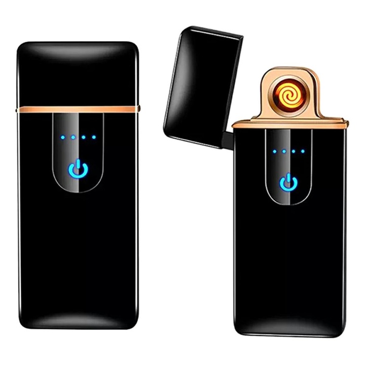 Електрическа запалка с USB зареждане, Ветроустойчива, LED индикатори за нивото на енергията на батерията, Време за зареждане 1.5-2H, Черна, 7.6 x 3 x 0.7 см