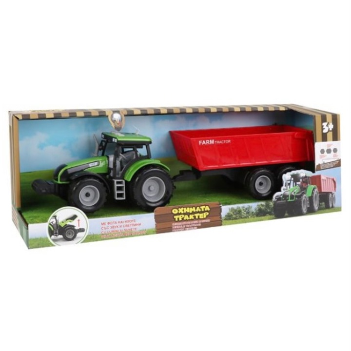 Tractor de jucarie cu remorca, verde/rosu, 47x11x15.5cm, +3 ani