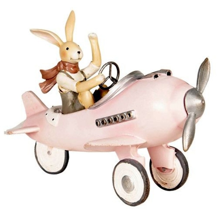 Nosztalgikus műanyag dekorfigura 25x17x18cm, nyuszi rózsaszín repülőben