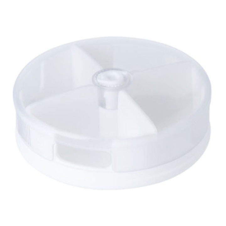 Zamo tabletta rendező, 80x80x30mm méret, 4 x rekesz, kerek, adagolóval, fehér