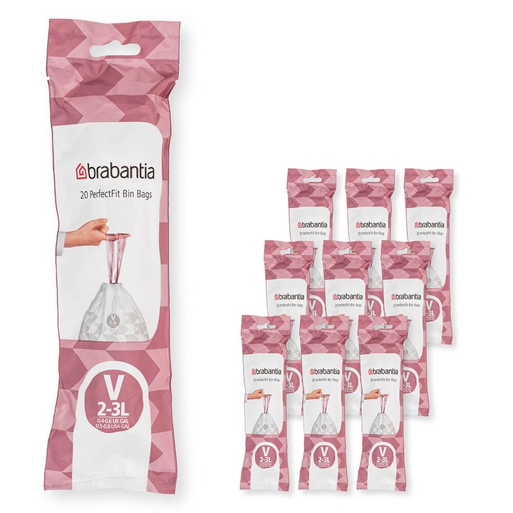 Торба за кош Brabantia PerfectFit, NewIcon размер V, 3L, 200 броя, кутия, Бял