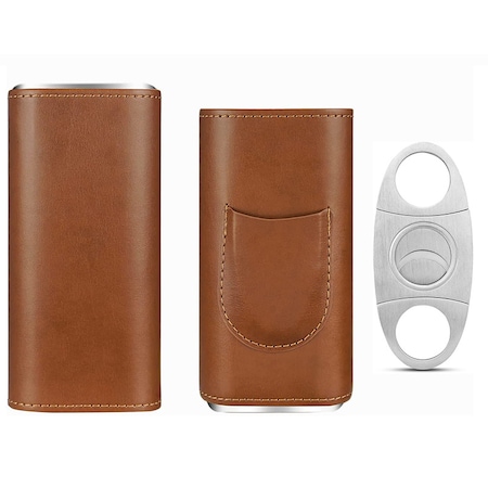 Set humidor, dispozitiv taiere trabucuri, Fredest, Piele ecologica, Otel, Maro, Argintiu