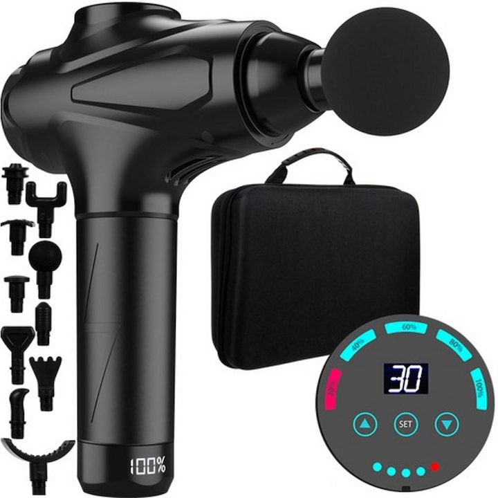 Aparat de Masaj tip Pistol Relax Feet idealSTORE, Ecran Tactil, Autonomie 6 Ore, 10 Capete Inlocuibile Pana la 30 de Niveluri de Intensitate a Masajului, Design Ergonomic, Ajuta la Relaxarea Muschilor, Include Geanta pentru Transport