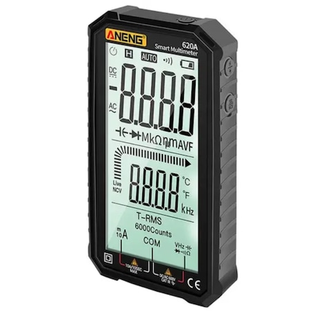 Multimetru digital ANENG 620A, Avertizare, Detectie automata, Masoara Curent DC/AC, Voltaj, Tensiune, Temperatura Capacitate, Continuitate, Dioda, Rezistenta, Test Frecventa, NCV, Ecran 4.77 inch, Negru