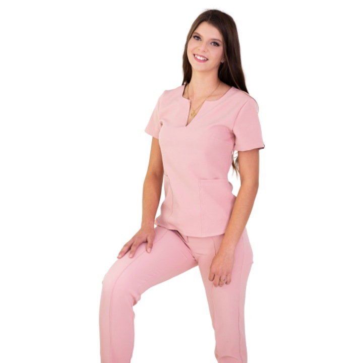 Costum medical dama premium ROZAT, 25% ray 70% pes 5% sp, Roz pudra, XL