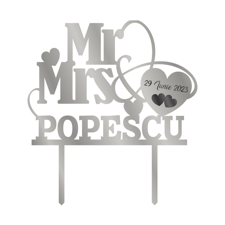 Topper tort Mr&Mrs personalizat cu nume, data nuntii gravata, Inedit Print, TC82, Oglinda argintie, 20 cm