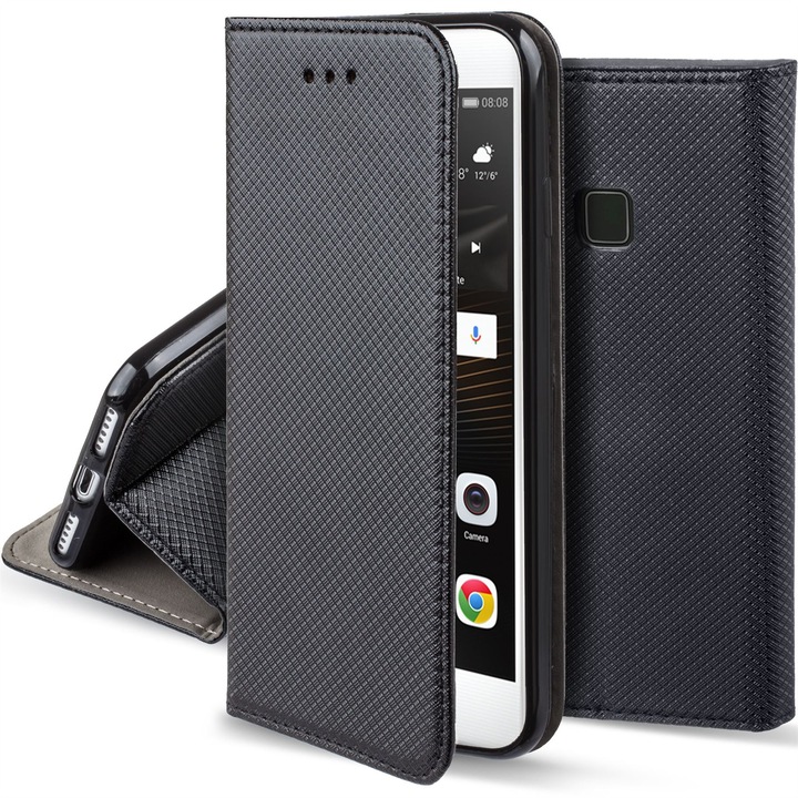 Калъф за телефон, Moozy, Flip On, за Huawei P9 Lite, Черен, Екологична кожа