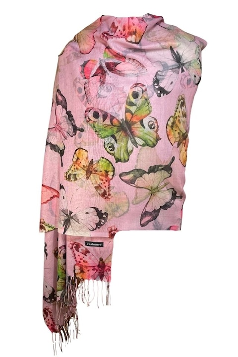 Кашмирен шал с пеперуди, Dacali, ярко розов, 185 х 75 см