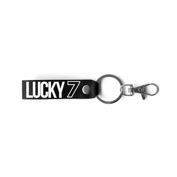 Breloc numar norocos, BRELOCK, piele, 3 x 8 cm, print cu mesaj personalizat "Lucky 7", negru argintiu