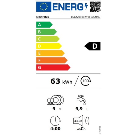 Съдомиялна Electrolux ESG42310SW, 9 комплекта, 8 програми, Клас D, Инверторен мотор, LED дисплей, 45 см, Бял
