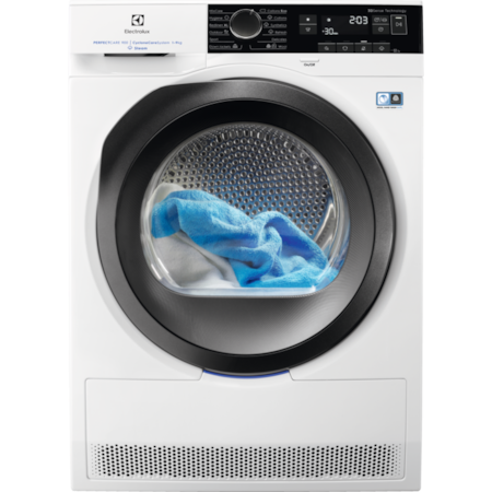 Uscator de rufe Electrolux EW9HS389S, Pompa de caldura, 9 kg, Clasa A+++, Display touch LCD, Motor Inverter, Tehnologie DelicateCare cu senzori 3DSense, Sistem filtrare EcoFlow. Alb
