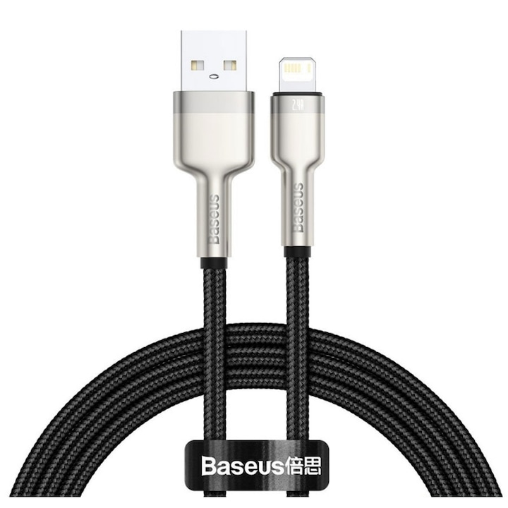Cablu alimentare si date Baseus, Cafule Metal, Fast Charging, USB la tip Lightning 2.4A braided, 1 m, Negru