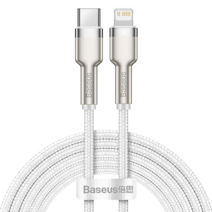 Cablu de date, Baseus, Tip USB-C la Lightning, 20 W, 2 m, alb