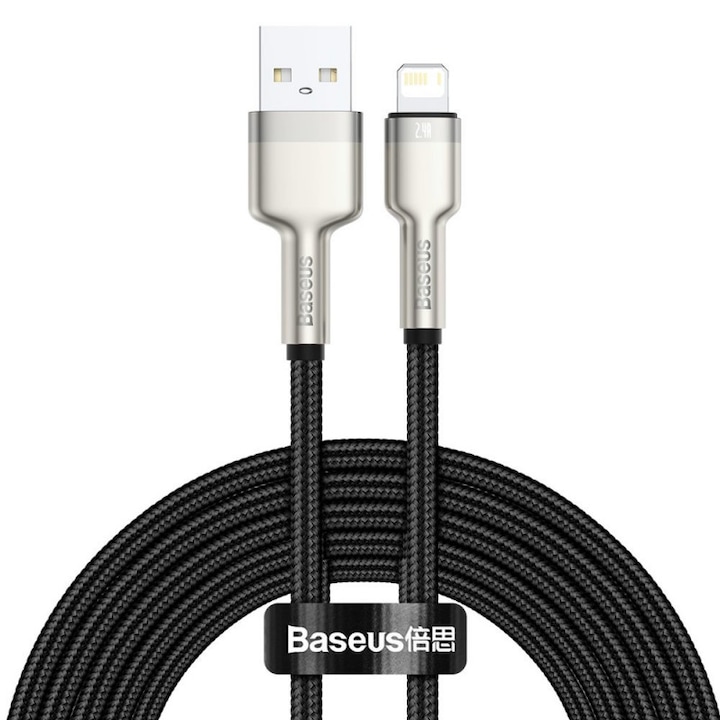 Cablu alimentare si date Baseus, Cafule Metal, Fast Charging, USB la tip Lightning 2.4A braided, 2 m, Negru