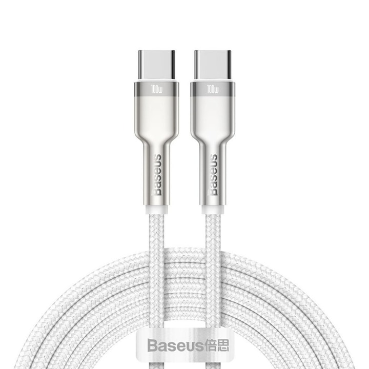 Cablu alimentare si date Baseus, Cafule Metal, Fast Charging, USB Type-C la USB Type-C 100W braided 2m, Alb